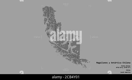 Area of Magallanes y Antártica Chilena, region of Chile, isolated on a solid background in a georeferenced bounding box. Labels. Bilevel elevation map Stock Photo