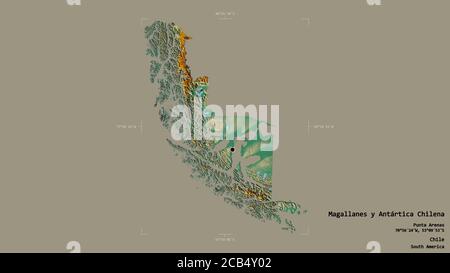 Area of Magallanes y Antártica Chilena, region of Chile, isolated on a solid background in a georeferenced bounding box. Labels. Topographic relief ma Stock Photo