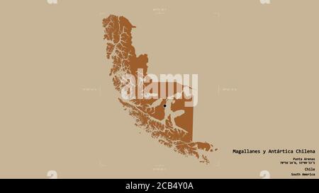 Area of Magallanes y Antártica Chilena, region of Chile, isolated on a solid background in a georeferenced bounding box. Labels. Composition of patter Stock Photo