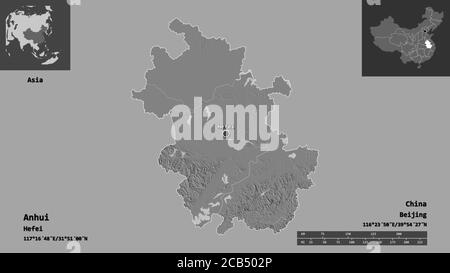 Shape of Anhui, province of China, and its capital. Distance scale, previews and labels. Bilevel elevation map. 3D rendering Stock Photo