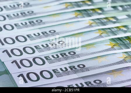 Heap of green houndred euro banknotes laying on each other Stock Photo