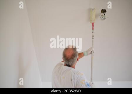 Back view of a handyman using a paint roller to paint a white wall Stock Photo