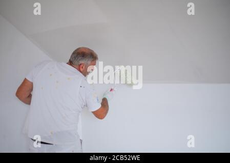 Back view of a handyman using a paint roller to paint a white wall Stock Photo