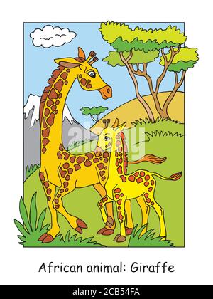 Vector coloring pages with cute giraffe family in african area. Cartoon isolated colorful illustration. Stock illustration for coloring book, preschoo Stock Vector
