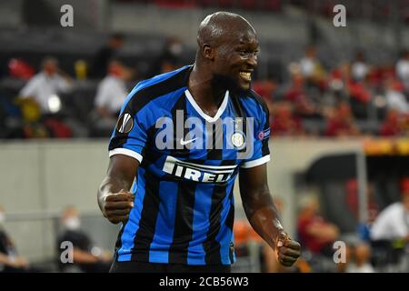 (200811) -- DUSSELDORF, Aug. 11, 2020 (Xinhua) -- Romelu Lukaku of FC Inter celebrates after scoring during the UEFA Europa League quarterfinal between FC Inter and Bayer 04 Leverkusen in Dusseldorf, Germany, Aug. 10, 2020. FOR EDITORIAL USE ONLY. NOT FOR SALE FOR MARKETING OR ADVERTISING CAMPAIGNS. (Stuart Franklin/UEFA/Getty/Handout via Xinhua) Stock Photo