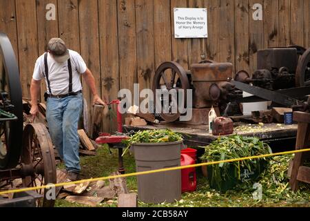 The man is operating the vintage corn stalk forage chopper on the display of the annual Goshen fair in Connecticut. Stock Photo