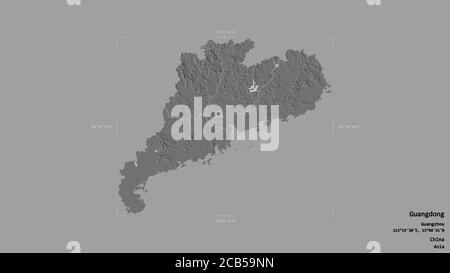 Area of Guangdong, province of China, isolated on a solid background in a georeferenced bounding box. Labels. Bilevel elevation map. 3D rendering Stock Photo