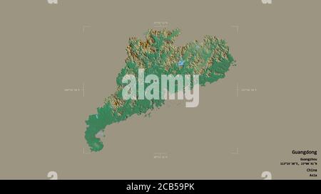 Area of Guangdong, province of China, isolated on a solid background in a georeferenced bounding box. Labels. Topographic relief map. 3D rendering Stock Photo