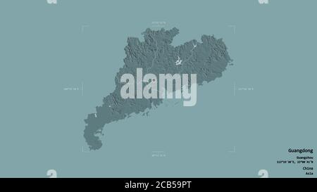 Area of Guangdong, province of China, isolated on a solid background in a georeferenced bounding box. Labels. Colored elevation map. 3D rendering Stock Photo