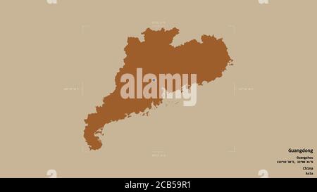 Area of Guangdong, province of China, isolated on a solid background in a georeferenced bounding box. Labels. Composition of patterned textures. 3D re Stock Photo