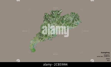 Area of Guangdong, province of China, isolated on a solid background in a georeferenced bounding box. Labels. Satellite imagery. 3D rendering Stock Photo