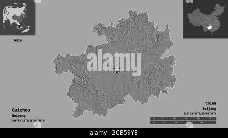 Shape of Guizhou, province of China, and its capital. Distance scale, previews and labels. Bilevel elevation map. 3D rendering Stock Photo