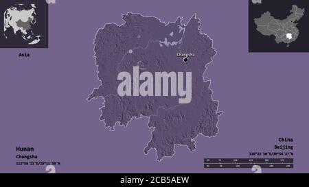 Shape of Hunan, province of China, and its capital. Distance scale, previews and labels. Colored elevation map. 3D rendering Stock Photo