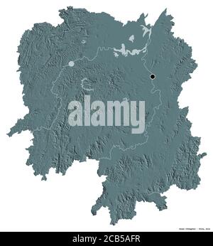 Shape of Hunan, province of China, with its capital isolated on white background. Colored elevation map. 3D rendering Stock Photo