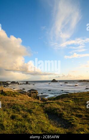 View of Bandon Beach State Park in Oregon, taken from bluff.  Stock Photo