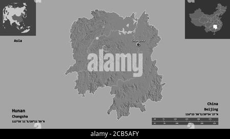 Shape of Hunan, province of China, and its capital. Distance scale, previews and labels. Bilevel elevation map. 3D rendering Stock Photo