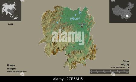 Shape of Hunan, province of China, and its capital. Distance scale, previews and labels. Topographic relief map. 3D rendering Stock Photo