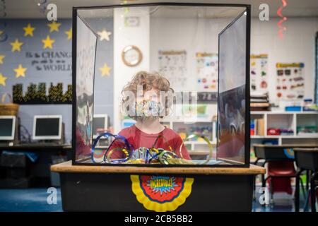 August 10, 2020: Shielded desks and cordoned off areas are now part of classroom layouts amid the COVID-19 novel coronavirus pandemic. Prentice C. James/CSM Stock Photo