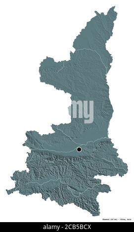 Shape of Shaanxi, province of China, with its capital isolated on white background. Colored elevation map. 3D rendering Stock Photo