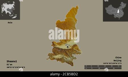 Shape of Shaanxi, province of China, and its capital. Distance scale, previews and labels. Topographic relief map. 3D rendering Stock Photo