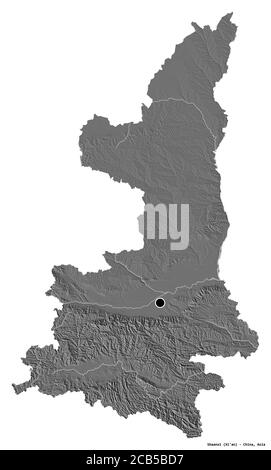 Shape of Shaanxi, province of China, with its capital isolated on white background. Bilevel elevation map. 3D rendering Stock Photo