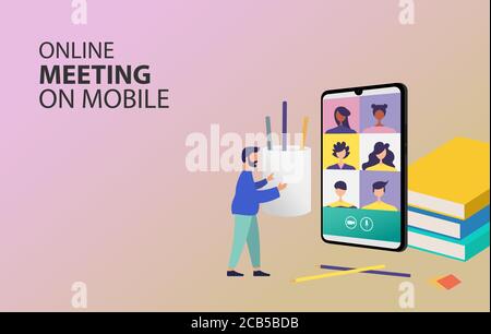 Digital Meeting Teleconference Online internet on phone, mobile website background. social distance concept. decor by book pencil vector Illustration. Stock Vector