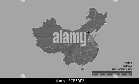 Desaturated shape of China with its capital, main regional division and the separated Shandong area. Labels. Bilevel elevation map. 3D rendering Stock Photo