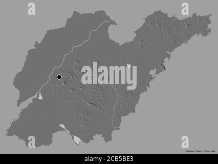 Shape of Shandong, province of China, with its capital isolated on a solid color background. Bilevel elevation map. 3D rendering Stock Photo