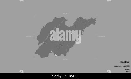 Area of Shandong, province of China, isolated on a solid background in a georeferenced bounding box. Labels. Bilevel elevation map. 3D rendering Stock Photo