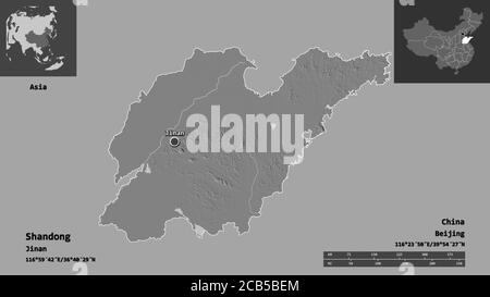 Shape of Shandong, province of China, and its capital. Distance scale, previews and labels. Bilevel elevation map. 3D rendering Stock Photo