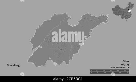 Shape of Shandong, province of China, with its capital isolated on solid background. Distance scale, region preview and labels. Bilevel elevation map. Stock Photo