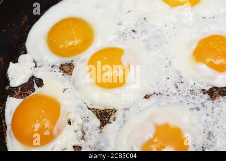 Fried eggs in a pan Stock Photo