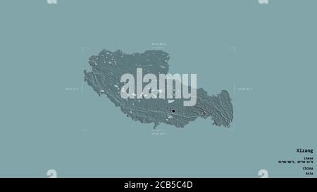 Area of Xizang, autonomous region of China, isolated on a solid background in a georeferenced bounding box. Labels. Colored elevation map. 3D renderin Stock Photo