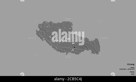 Area of Xizang, autonomous region of China, isolated on a solid background in a georeferenced bounding box. Labels. Bilevel elevation map. 3D renderin Stock Photo