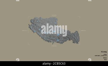 Area of Xizang, autonomous region of China, isolated on a solid background in a georeferenced bounding box. Labels. Topographic relief map. 3D renderi Stock Photo