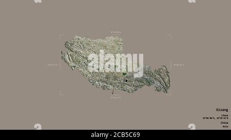 Area of Xizang, autonomous region of China, isolated on a solid background in a georeferenced bounding box. Labels. Satellite imagery. 3D rendering Stock Photo