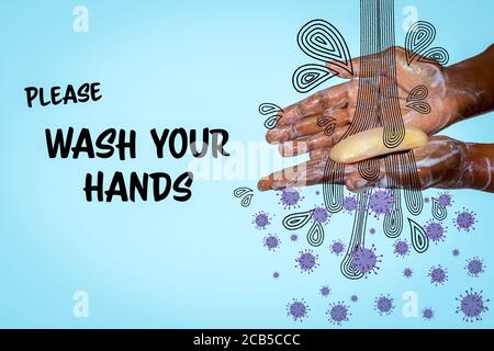 Concept image of African Australian woman washing hands with soap with stylised a hand drawn water and virus illustration, Please wash your hands text Stock Photo