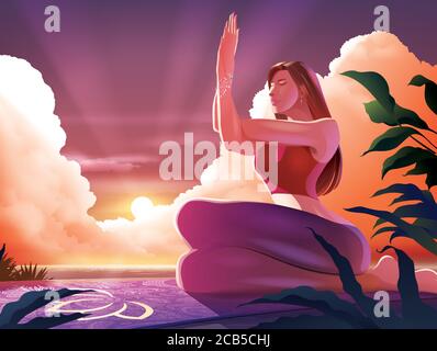 Vector illustration of a beautiful lady doing yoga in garudasana pose or the eagle pose at the seashore with the sunrise in the morning Stock Vector