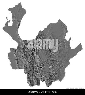 Shape of Antioquia, department of Colombia, with its capital isolated on white background. Bilevel elevation map. 3D rendering Stock Photo