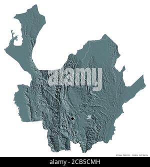 Shape of Antioquia, department of Colombia, with its capital isolated on white background. Colored elevation map. 3D rendering Stock Photo