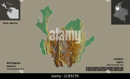 Shape of Antioquia, department of Colombia, and its capital. Distance scale, previews and labels. Topographic relief map. 3D rendering Stock Photo