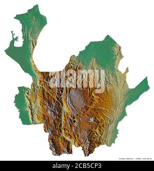 Shape of Antioquia, department of Colombia, with its capital isolated on white background. Topographic relief map. 3D rendering Stock Photo