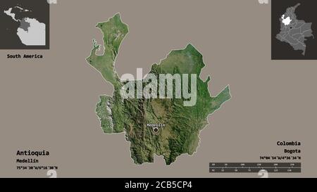 Shape of Antioquia, department of Colombia, and its capital. Distance scale, previews and labels. Satellite imagery. 3D rendering Stock Photo