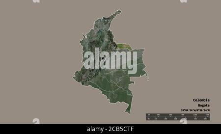 Desaturated shape of Colombia with its capital, main regional division and the separated Arauca area. Labels. Satellite imagery. 3D rendering Stock Photo
