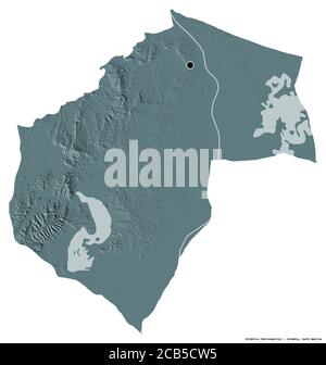 Shape of Atlántico, department of Colombia, with its capital isolated on white background. Colored elevation map. 3D rendering Stock Photo
