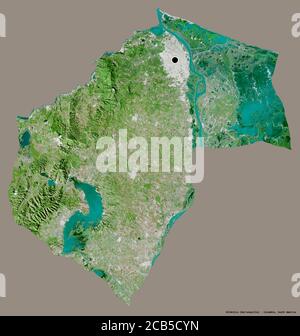 Shape of Atlántico, department of Colombia, with its capital isolated on a solid color background. Satellite imagery. 3D rendering Stock Photo