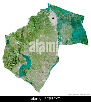 Shape of Atlántico, department of Colombia, with its capital isolated on white background. Satellite imagery. 3D rendering Stock Photo