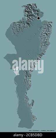Shape of Cesar, department of Colombia, with its capital isolated on a solid color background. Colored elevation map. 3D rendering Stock Photo