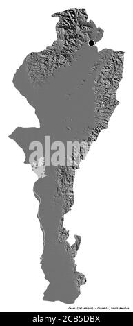 Shape of Cesar, department of Colombia, with its capital isolated on white background. Bilevel elevation map. 3D rendering Stock Photo
