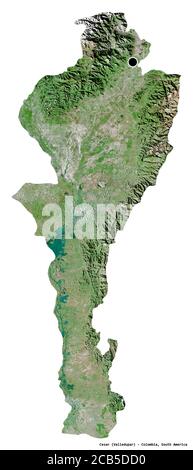 Shape of Cesar, department of Colombia, with its capital isolated on white background. Satellite imagery. 3D rendering Stock Photo